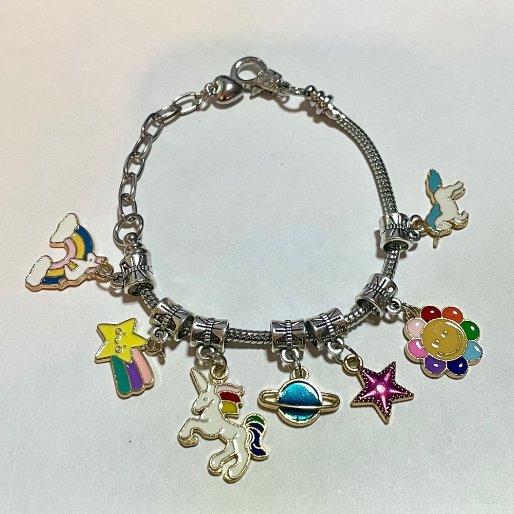 Kawaii Unicorn Rainbow Charm Pandora Style Bracelet, Colorful Enamel Charms, Y2K - Picture 8 of 16